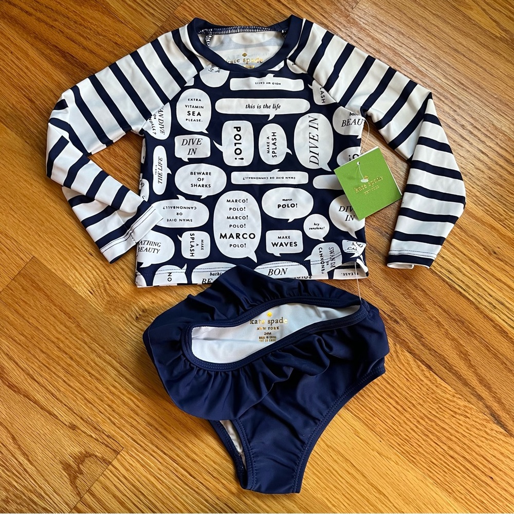 Kate Spade blue and white speech bubble rash guard two piece swimsuit size 24 mo